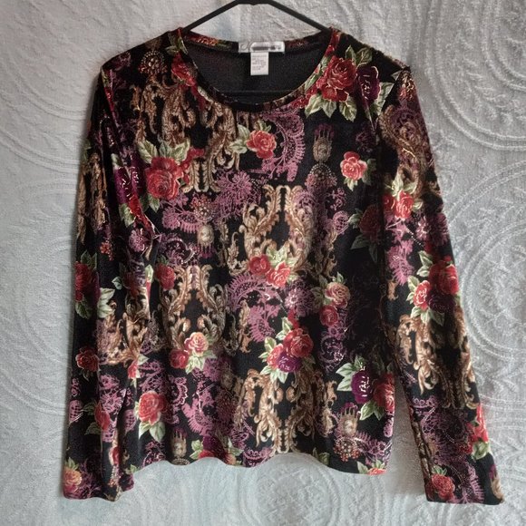 Dress Barn Elegant Stretch Velveteen Floral Pattern Long Sleeved Blouse Top Sz L - Picture 3 of 11